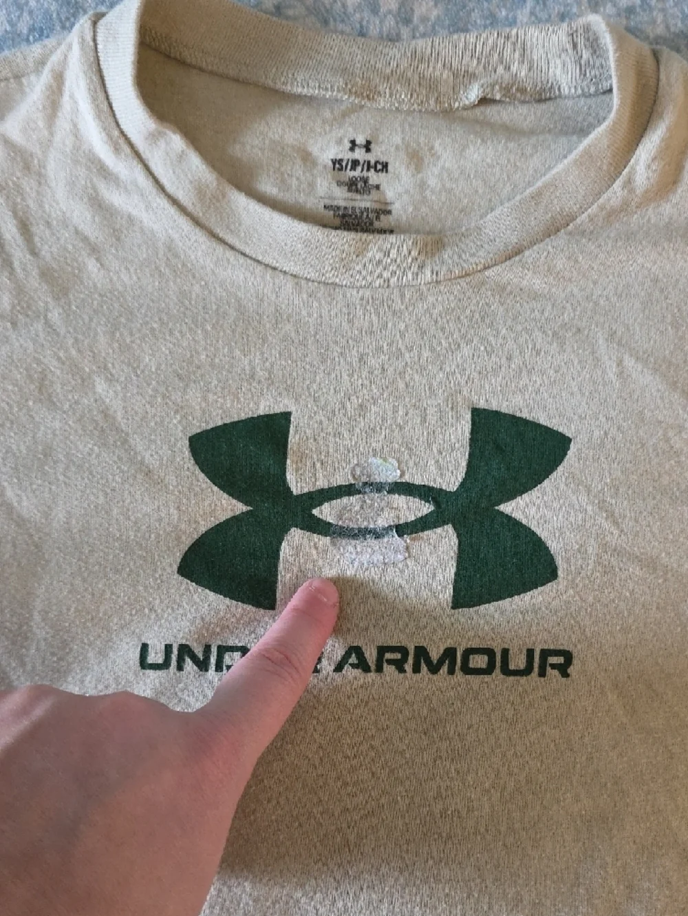 Under Armour Beige (YS) Tee with Dark Green Logo